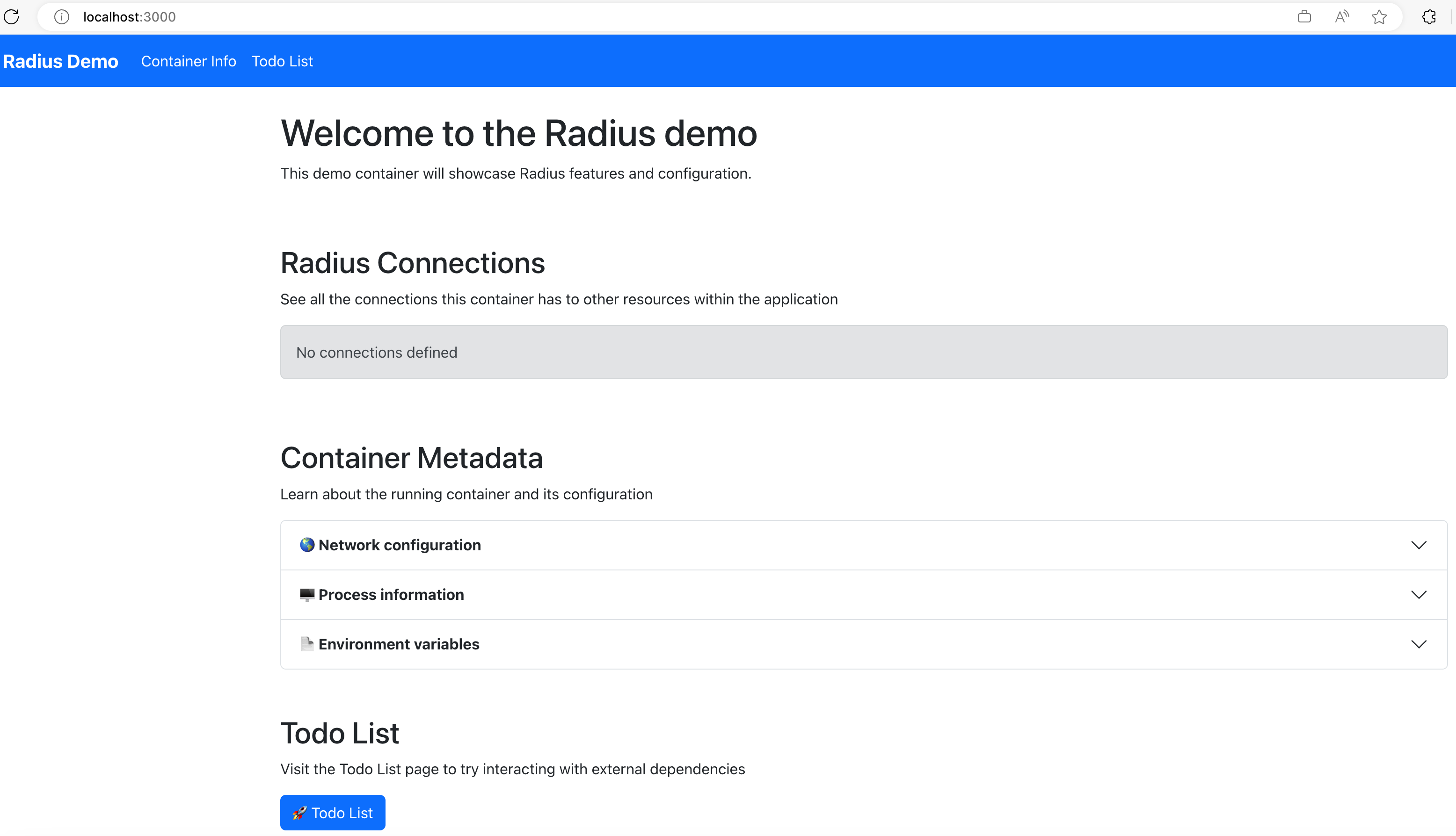 Screenshot of Radius Demo app