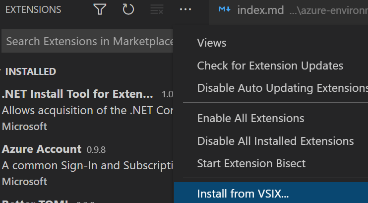 Screenshot of installing a vsix extension